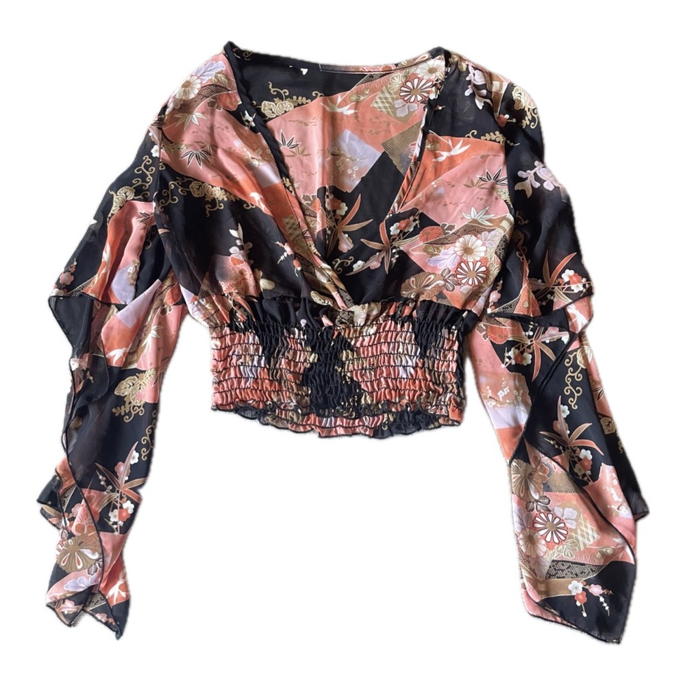 Black Floral Japanese Chinese Smocked Kimono Sleeve V-Neck Crop Top